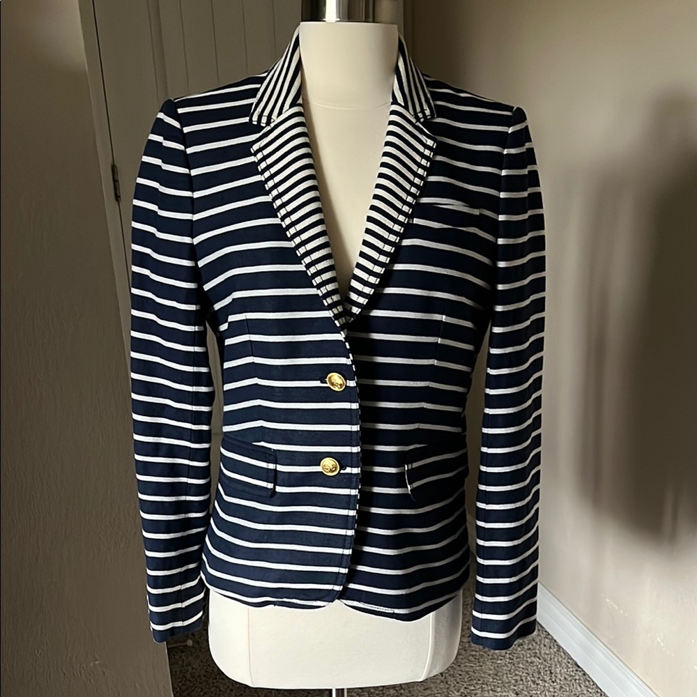 J. Crew Schoolboy Navy Blue and White Striped Suit Jacket